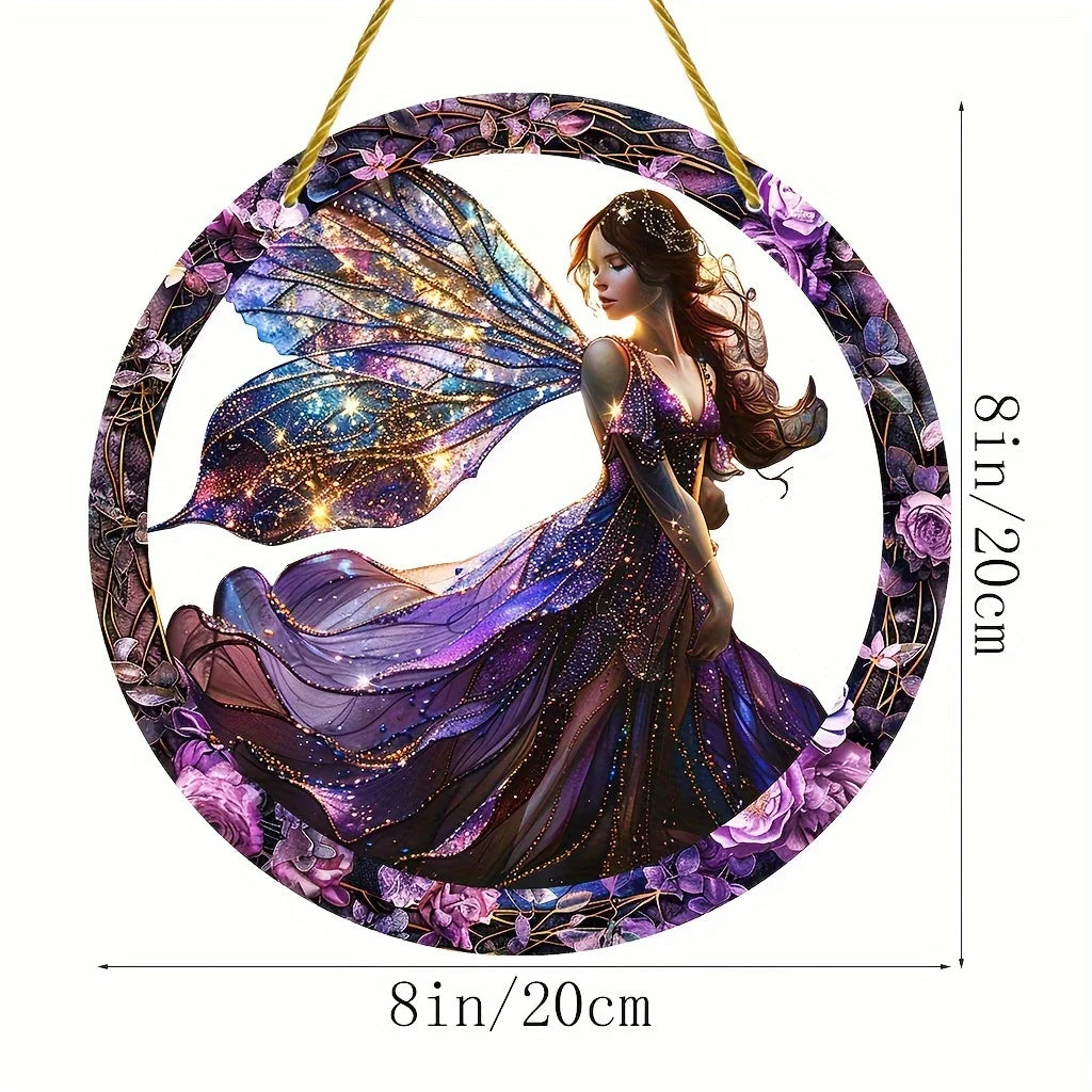cadre circulaire boho violet noir doré fleurs papillons étoiles opalescent elfes suspension 20cm