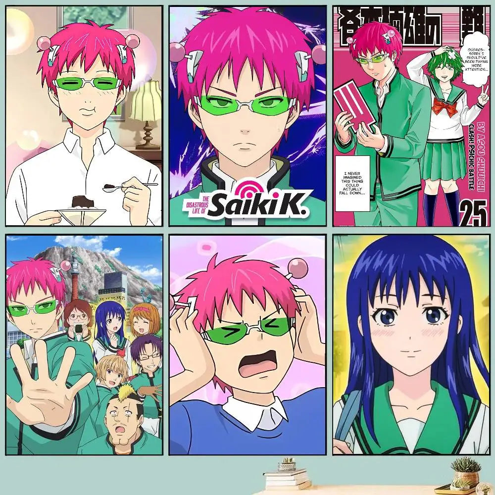 affiche anime moderne saiki rose vert bleu blanc noir illustration décoration mur salon chambre
