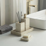 ensemble accessoires salle bain travertin beige distributeur savon plateau pot coton diffuseur moderne