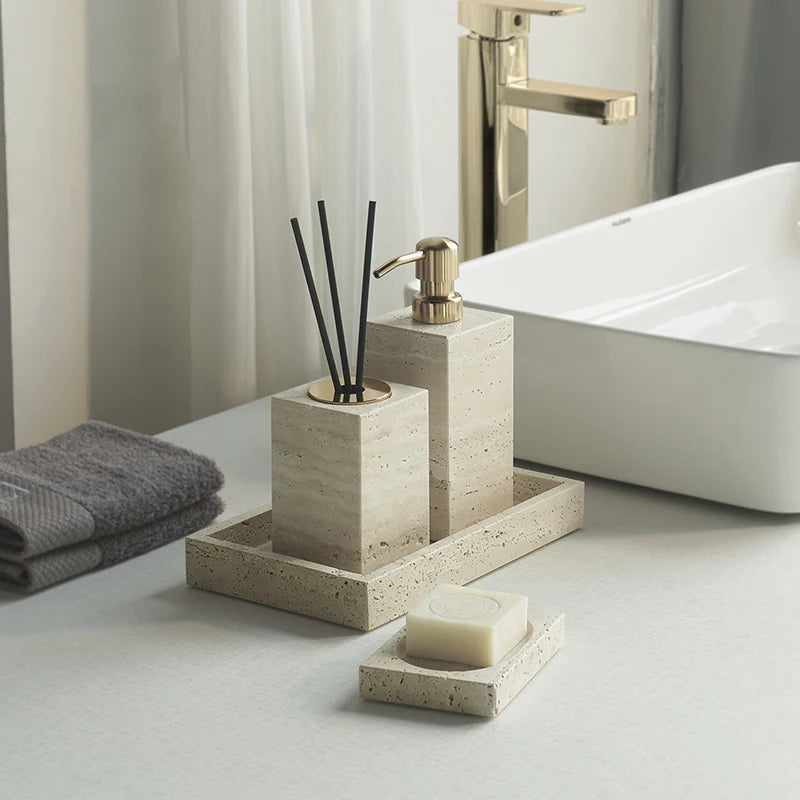ensemble accessoires salle bain travertin beige distributeur savon plateau pot coton diffuseur moderne