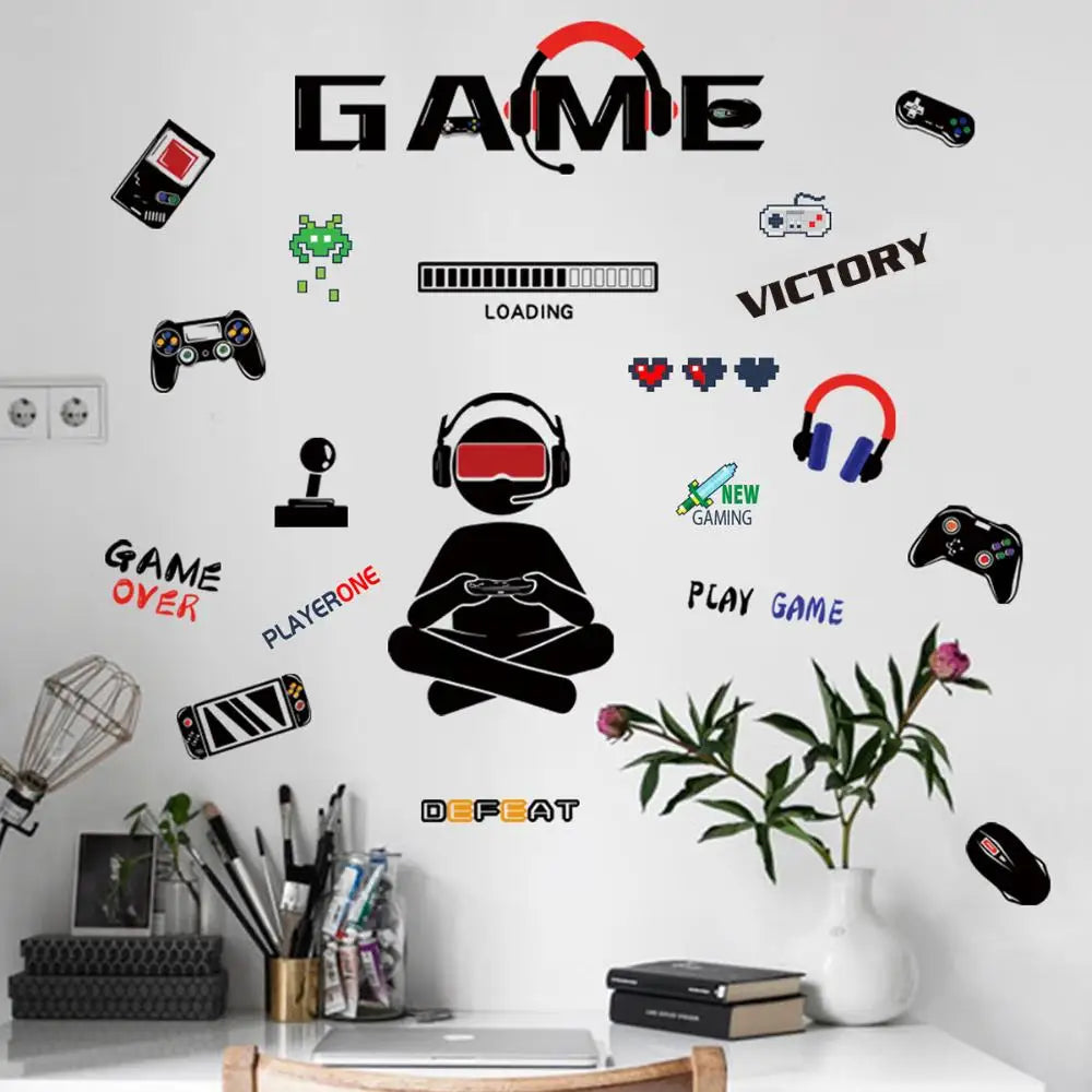 stickers muraux gaming graphiques jeux texte game playerone loading victory stickers chambre enfants moderne