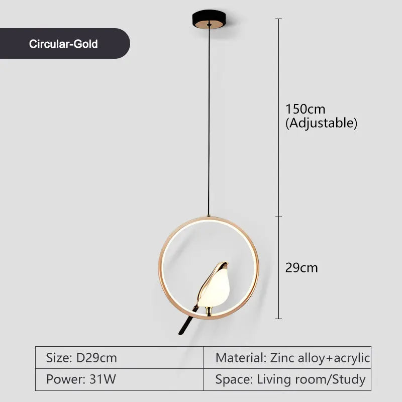Suspension lumineuse ovale contemporaine oiseau noir doré salon chambre