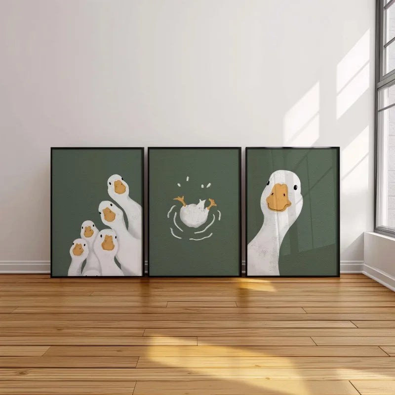 toile d'art oies illustration moderne minimaliste sans cadre vert foncé blanc 20x30cm 30x42cm 40x60cm