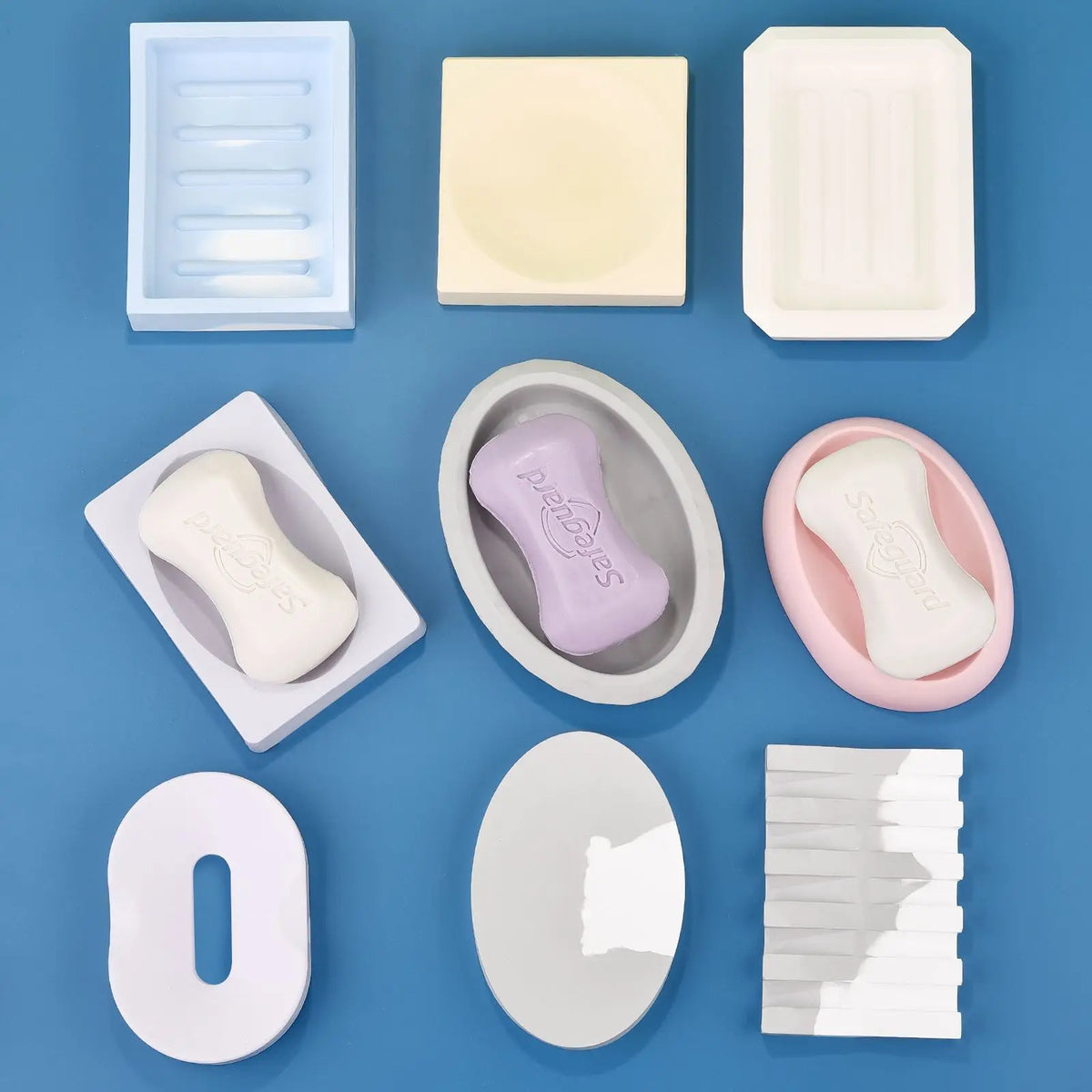 moules savon silicone modernes couleurs variées blanc gris rose bleu clair jaune clair minimaliste