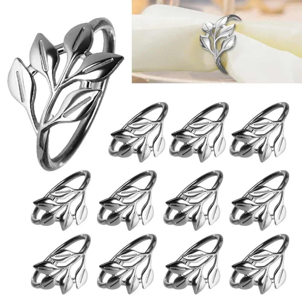 anneaux serviette feuilles stylisées blanc doré moderne élégants adhésifs ensemble 12 métal brillant table