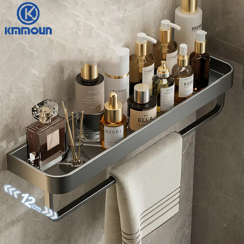 étagère murale moderne étagère salle bain aluminium gris laquée fixations adhésives serviettes cosmétiques minimaliste