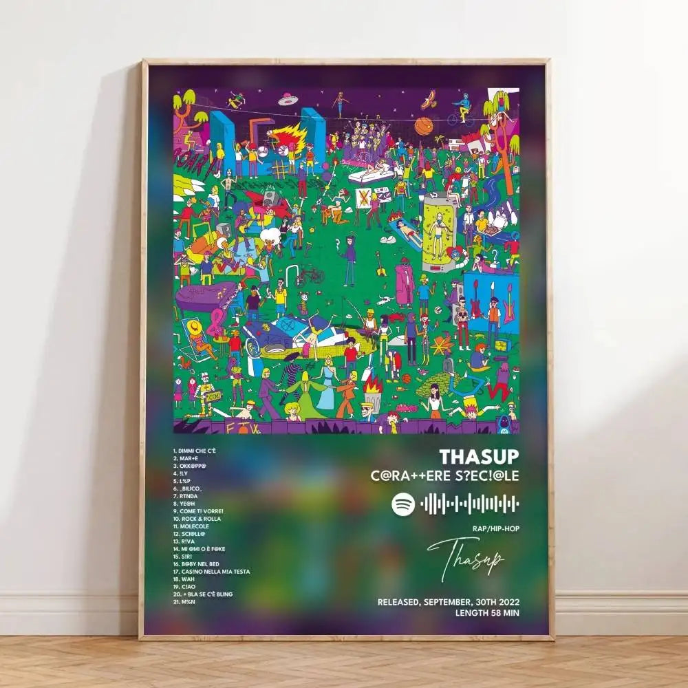 affiche pop art violet objets divers horloge guitare casque moderne