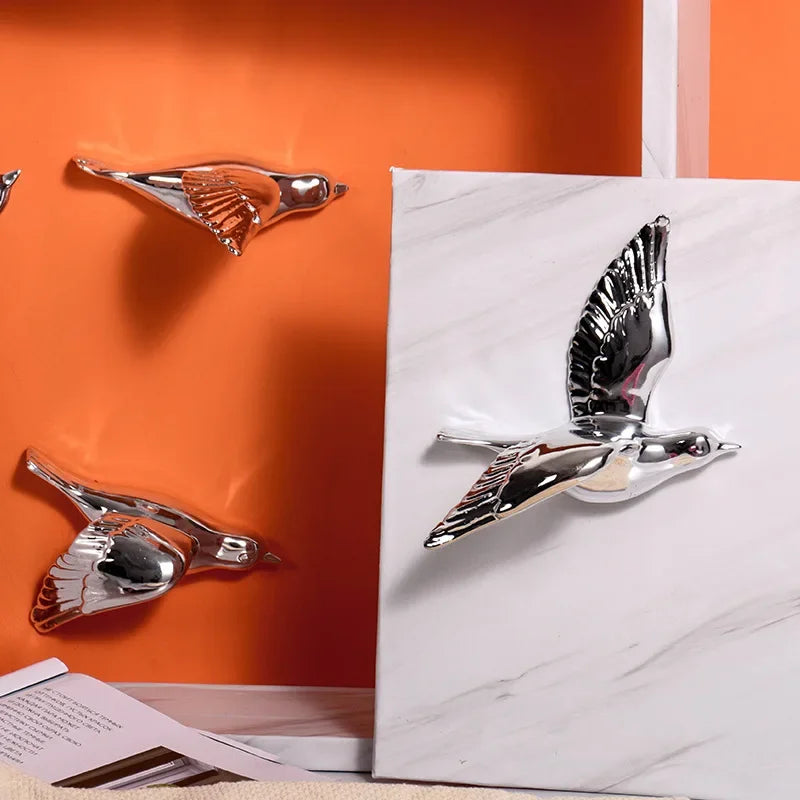 décoration murale moderne or argent blanc oiseaux céramique adhésif minimaliste
