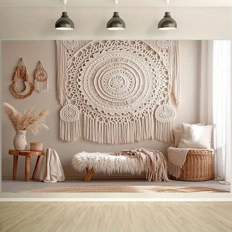 tapis macramé boho chic beige clair motif circulaire franges occasion anniversaire décoration maison