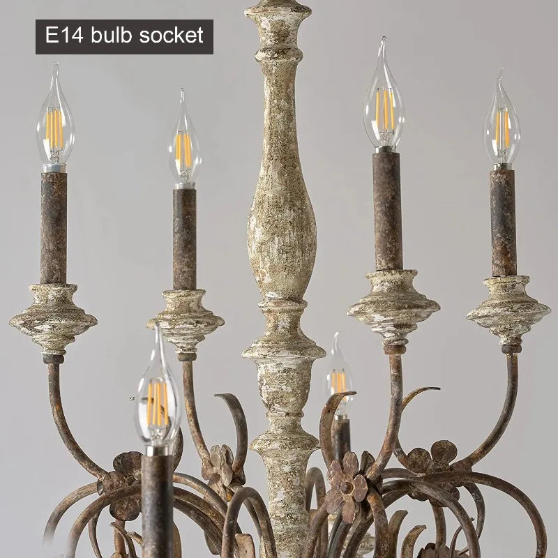 lustre vintage rustique bois blanc vieilli 12 ampoules e14 salon chambrehôtel
