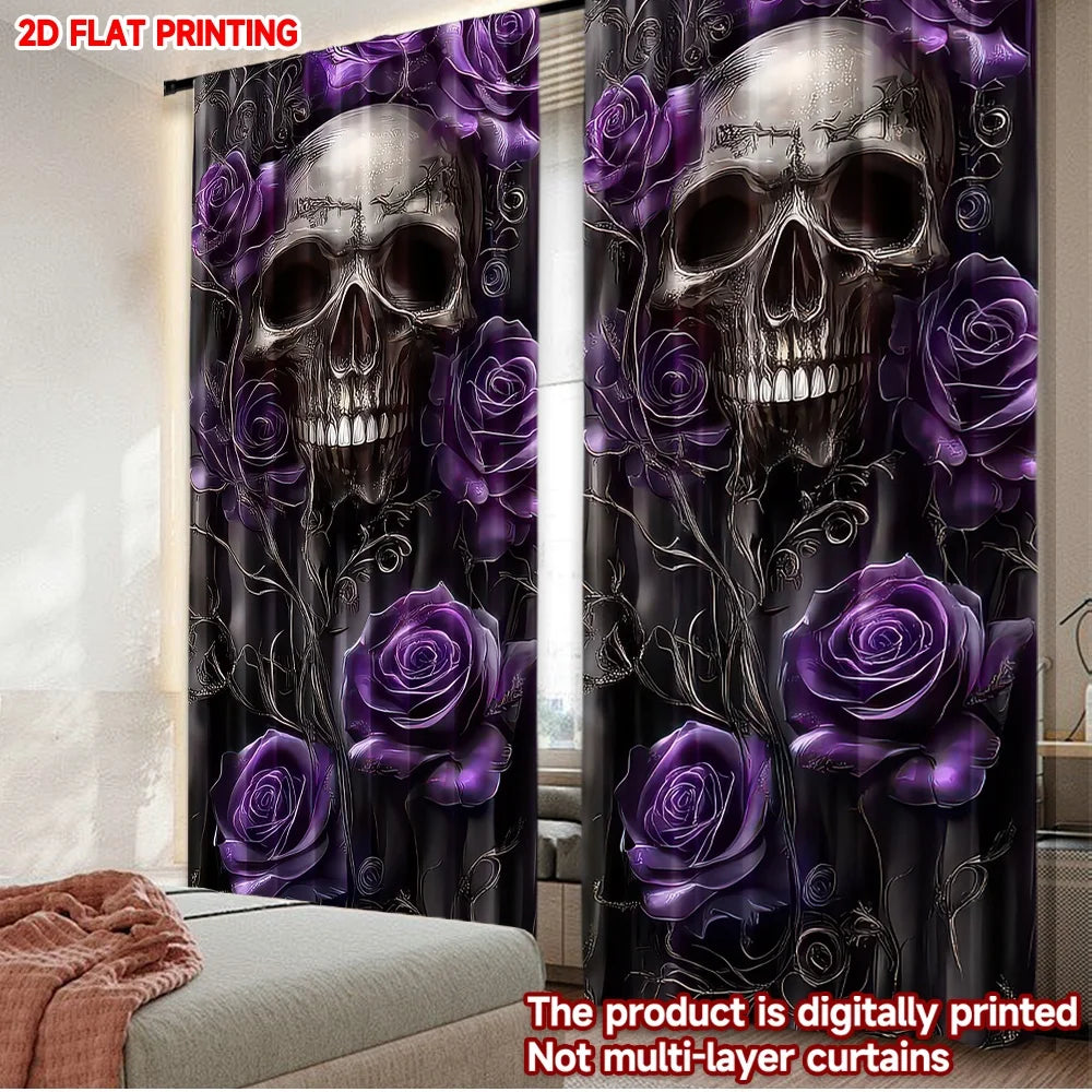rideau noir violet crâne roses stylisés polyester moderne gothique halloween festif 132x240cm