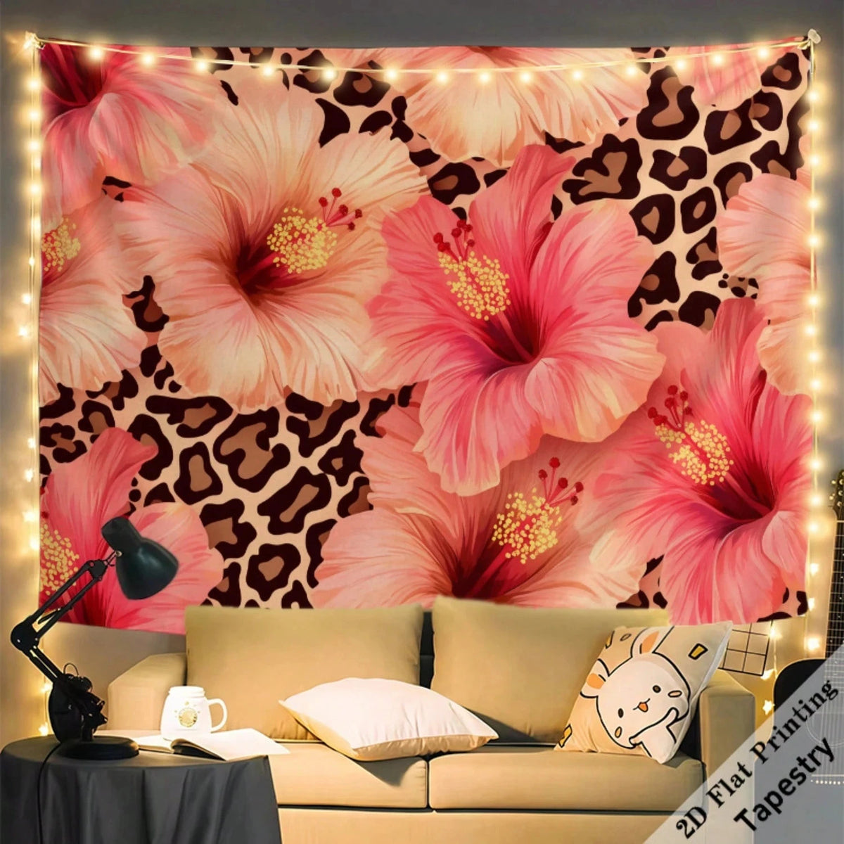 tapisserie moderne imprimée léopard fleurs rose couleur rose beige noir blanc décoration murale grande