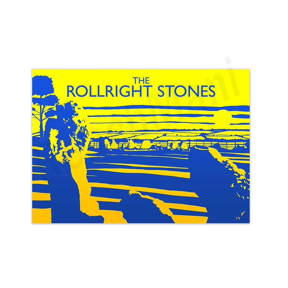 Cette image représente la couverture d'un album de musique intitulé "The Rollright Stones", avec un paysage abstrait composé de formes géométriques bleues et jaunes.
