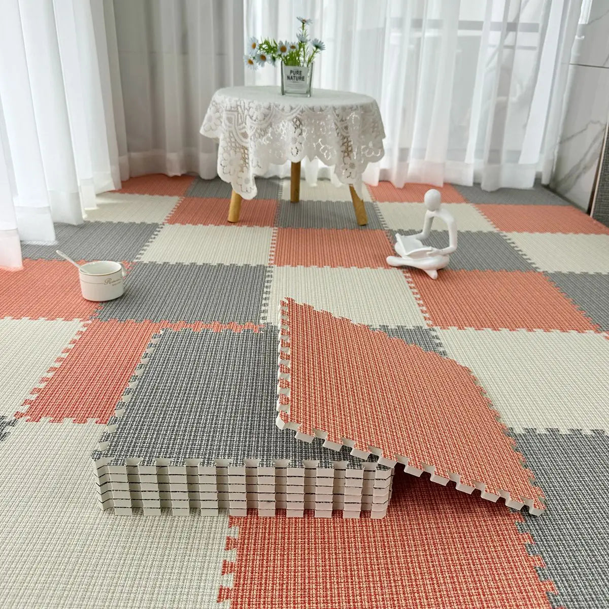 tapis sol modulable carreaux géométriques orange gris beige moderne fonctionnel clips