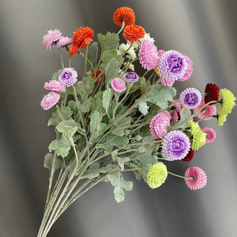 décoration intérieure bouquet artificiel fleurs chrysanthèmes feuilles vertes moderne or rose violet
