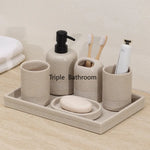 ensemble salle bain moderne beige clair plateau gobelet trousse coton flacon savon brosse dents