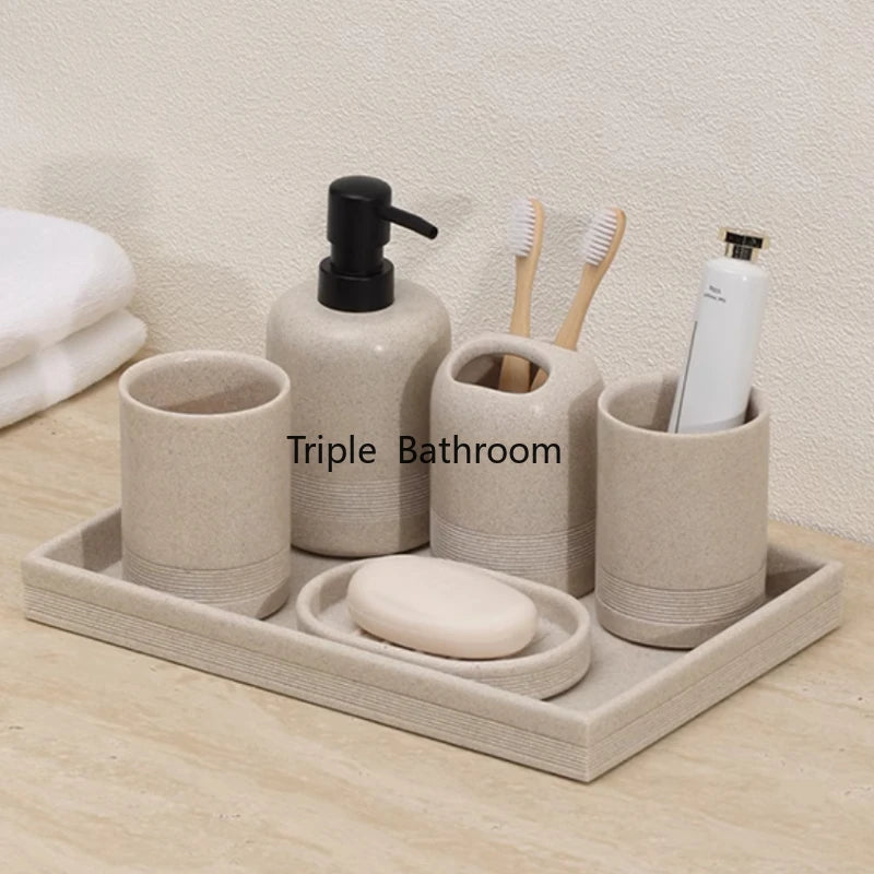 ensemble salle bain moderne beige clair plateau gobelet trousse coton flacon savon brosse dents