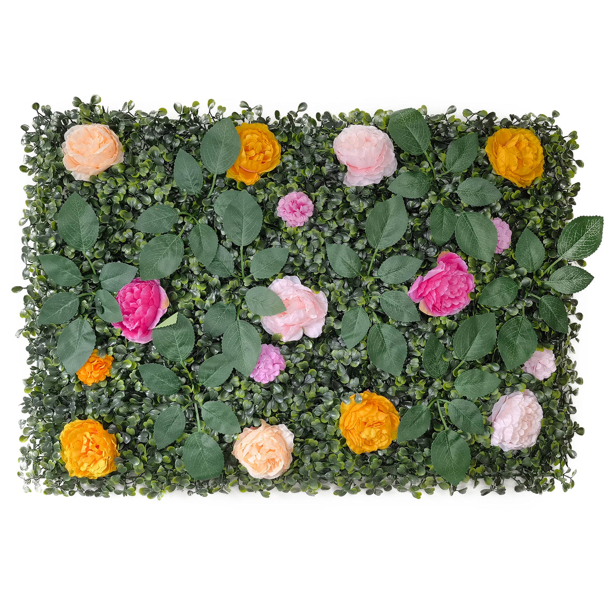 panneau mural végétal artificiel feuilles vertes fleurs rouges blanches roses décoration jardin mariage extérieur