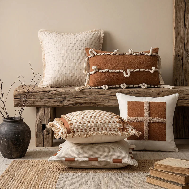 housse coussin tissée 3d géométrique boho chic beige marron adhésif décorative maison voiture nordique