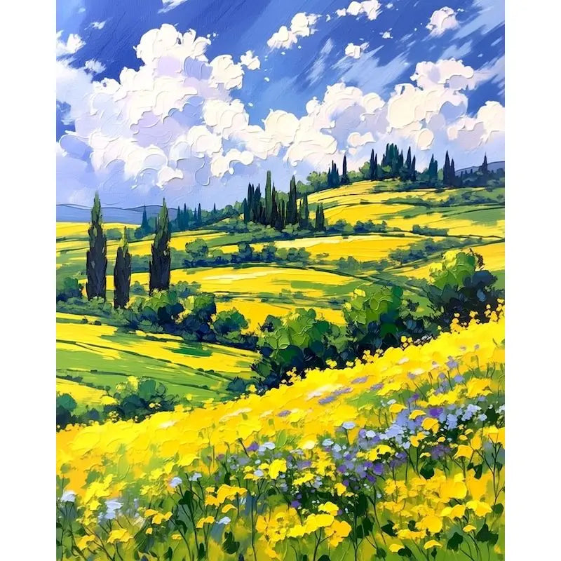 puzzle paysage champêtre fleurs arbres montagnes peinture huoil opacité diy pinceaux toile guide couleurs