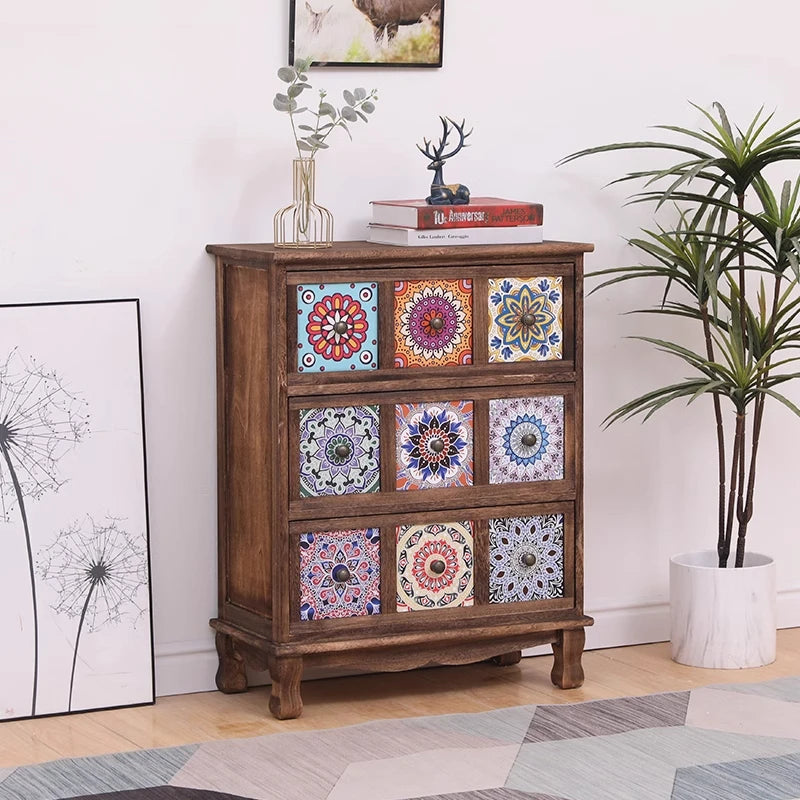 commode vintage rustique tiroirs floraux bois foncé organisateur chambre coucher bois massif