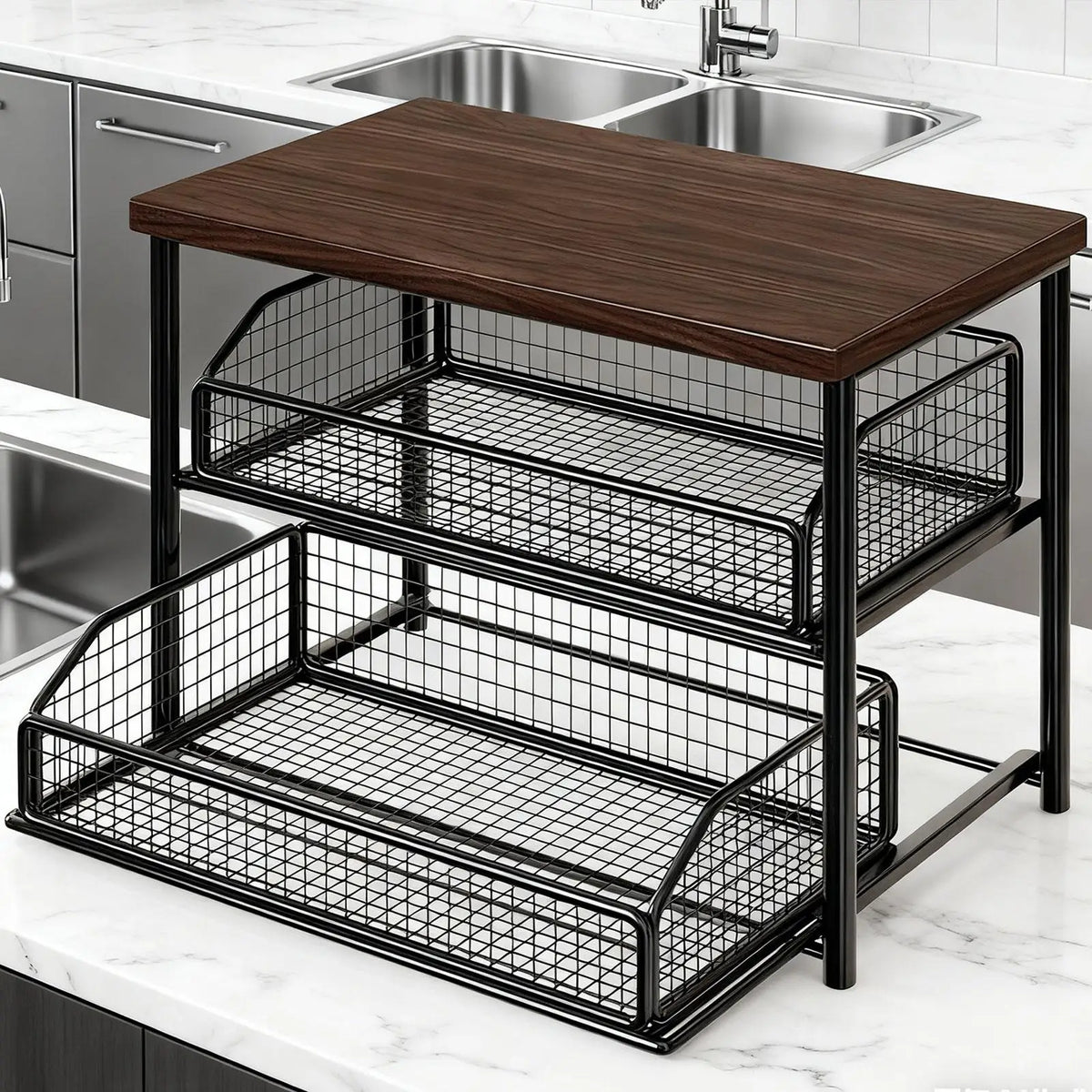 organisateur étagère rangement métal bois paniers mugs tasses comptoir cuisine moderne industrial