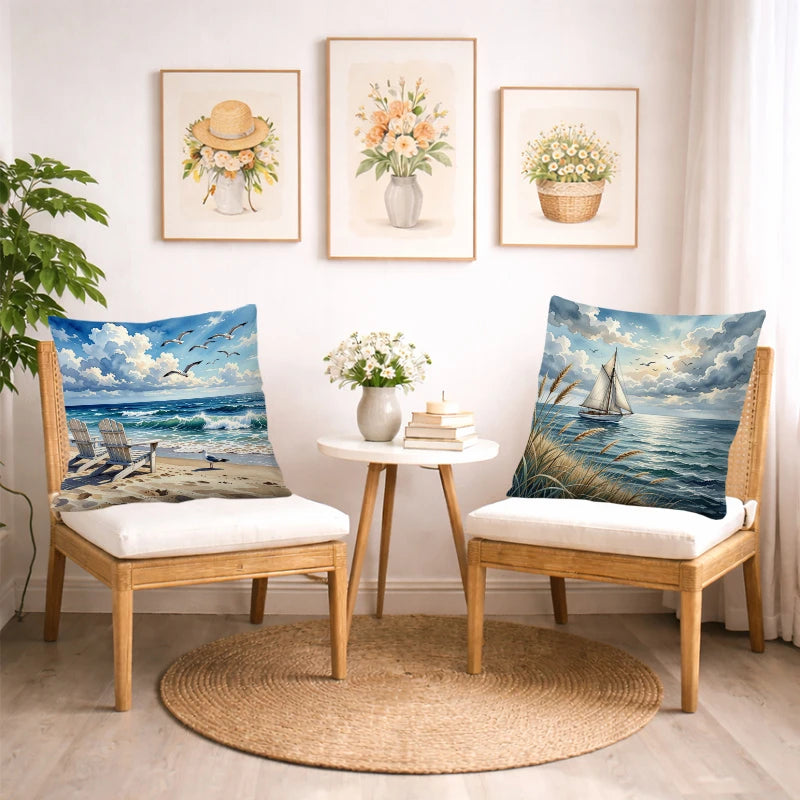 taie d'oreiller motif plage bleu blanc moderne maison 40x40cm 45x45cm 50x50cm 60x60cm polyester peachskin