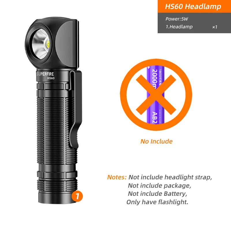 lampe frontale rechargeable led clip ceinture 3400 mAh moderne noire texturée camping