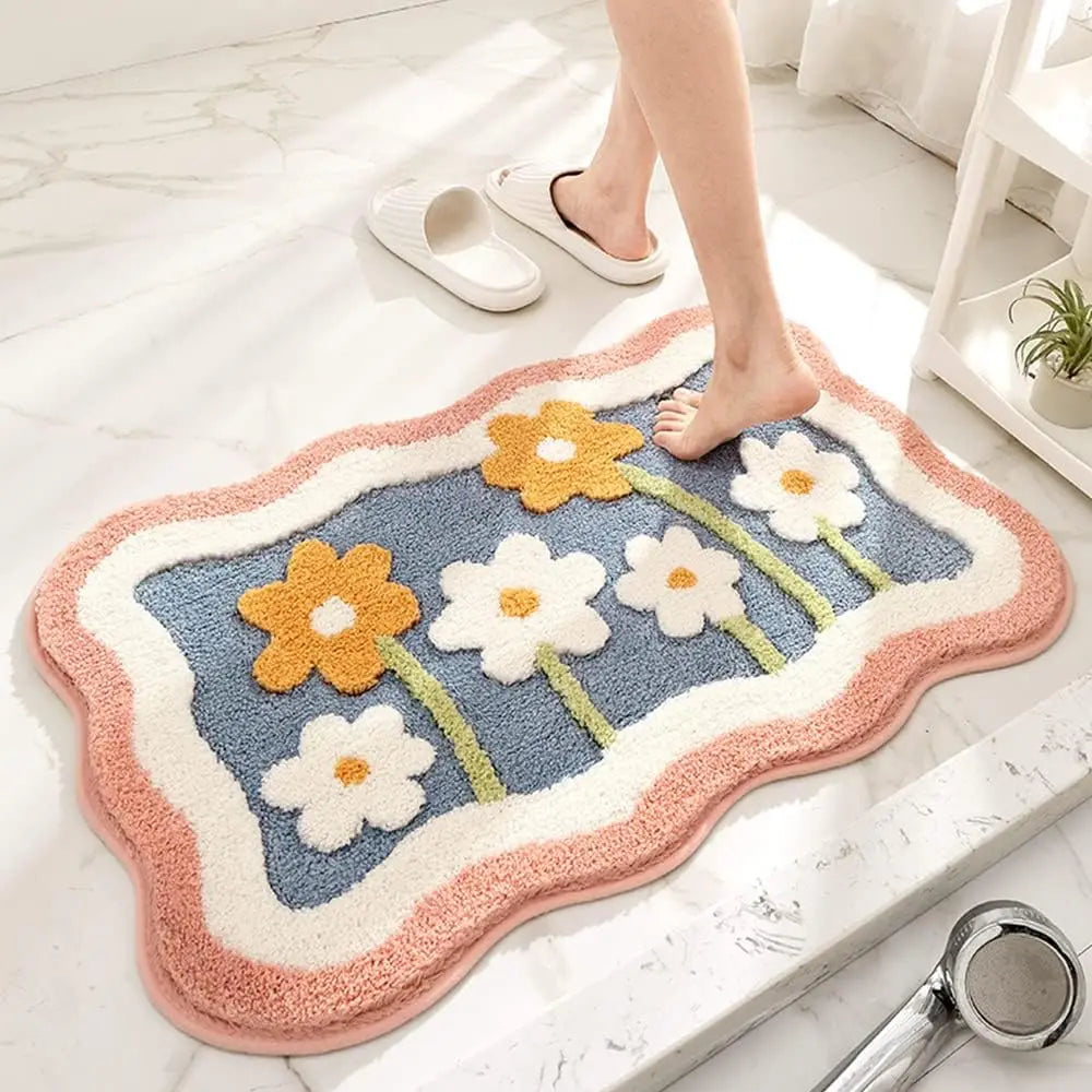 tapis bain multicolore arc ciel antidérapant absorbant moderne chats fleurs cactus polyester