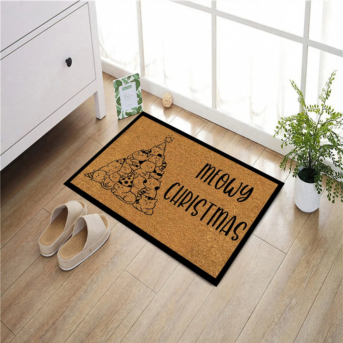 tapis d'entrée antidérapant chats sapin noël meowy christmas marron noir festive decorative