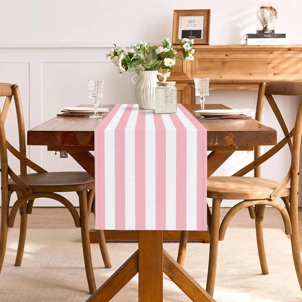 nappe lin rose rayée intérieur rustique décoration table anniversaire réutilisable