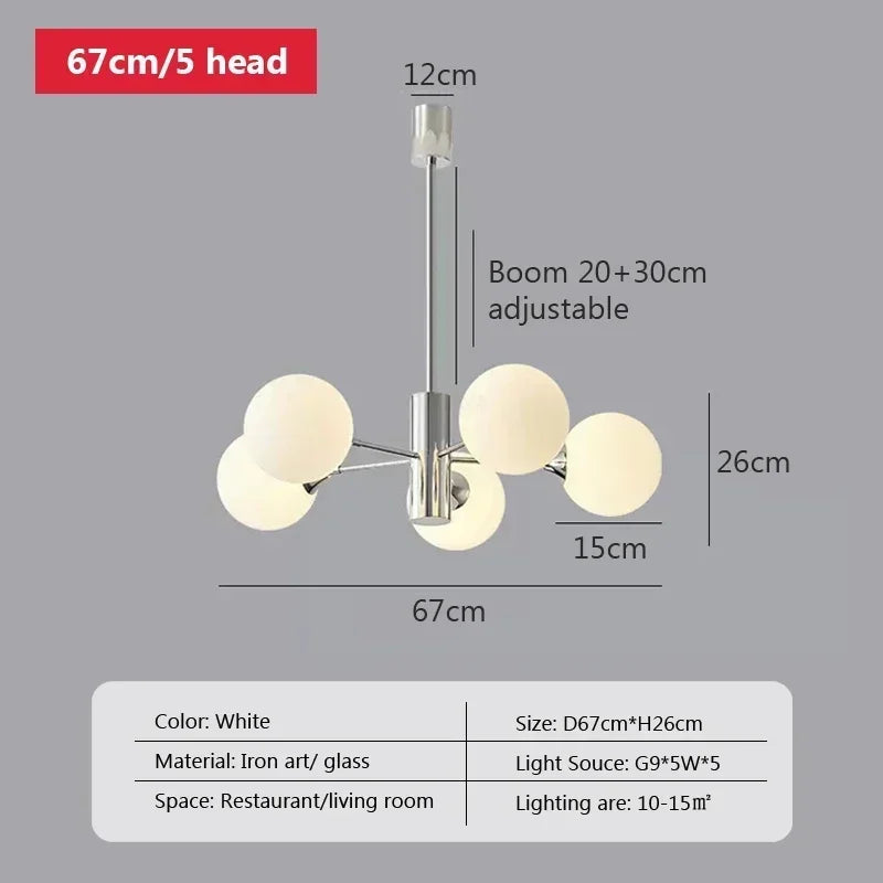 chandelier moderne minimaliste argenté blanc plusieurs têtes verre opalescent fixé réglable