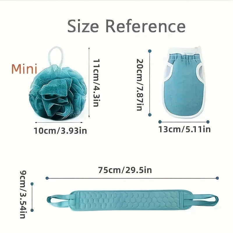 brosse bain moderne gant serviette bleu texture hexagonale set bain trois pièces