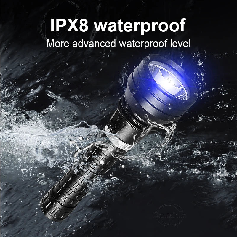 lampe torche noire led rechargeable 500m lumiere intense resistant chocs auto defense camping plongee