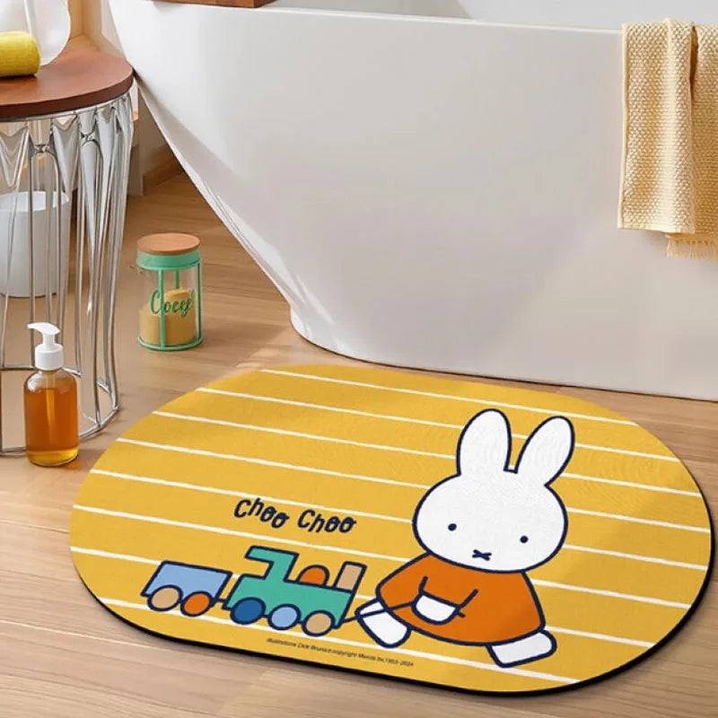 tapis bain dessin animé lapins gris jaune vert bleu rayures enfantin absorbant