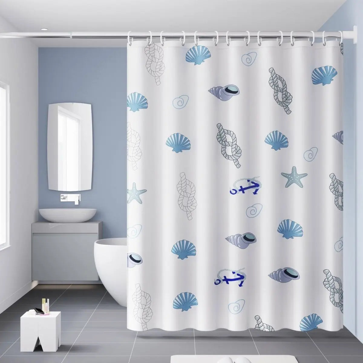 rideau douche moderne motif marin coquilles étoiles mer blanc bleu gris