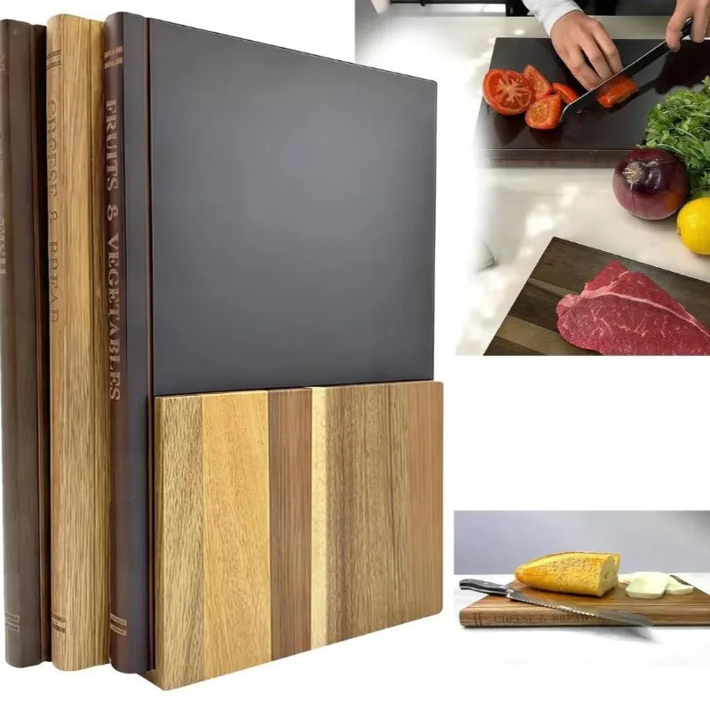 planche découper bois livre trois pièces noir marron rayures double face cuisine portable