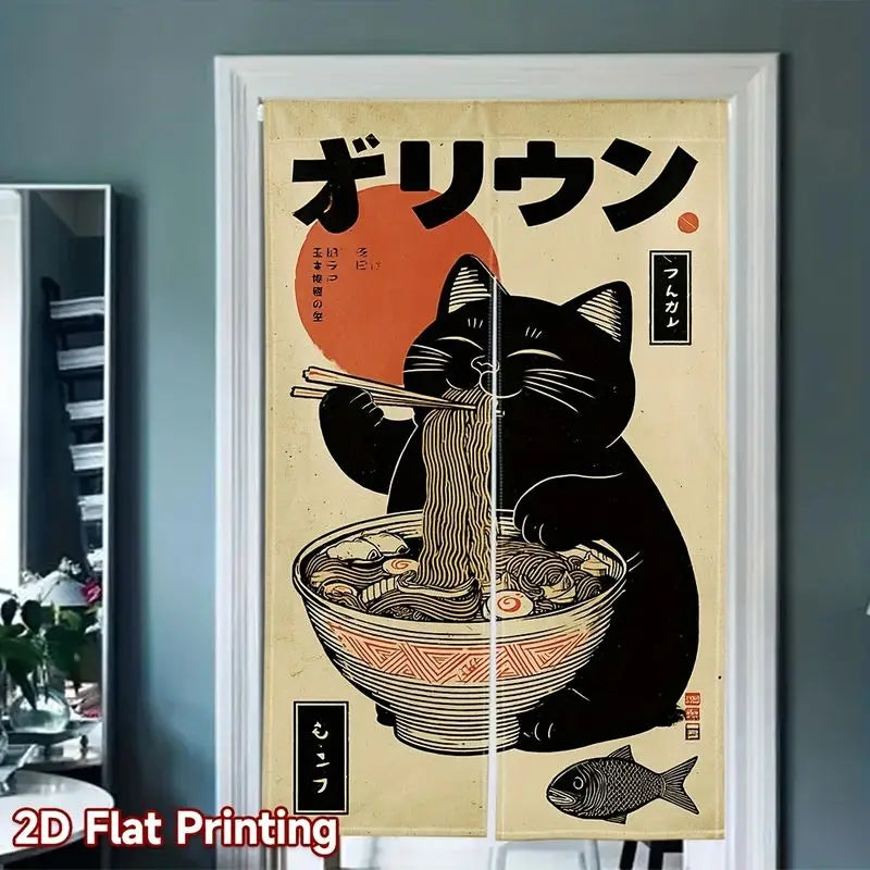 rideau porte vintage japonais chat noir nouilles poisson beige gris polyester opaque crochets chambre