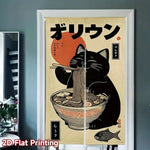 rideau porte vintage japonais chat noir nouilles poisson beige gris polyester opaque crochets chambre