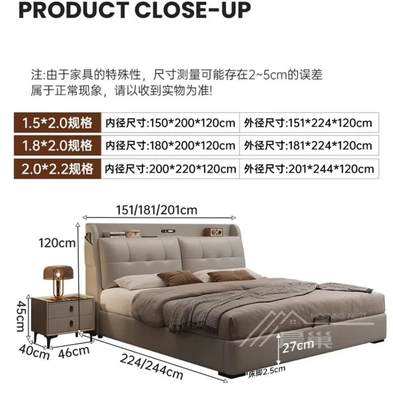 lit double moderne gris clair bois simili cuir tiroirs rangement tablette