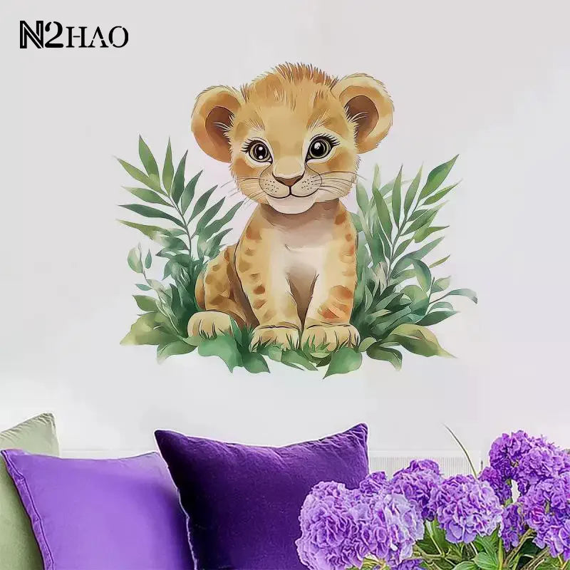sticker mural lionceau illustration cartoon orange beige vert adhésif chambre enfant salon decoration maison