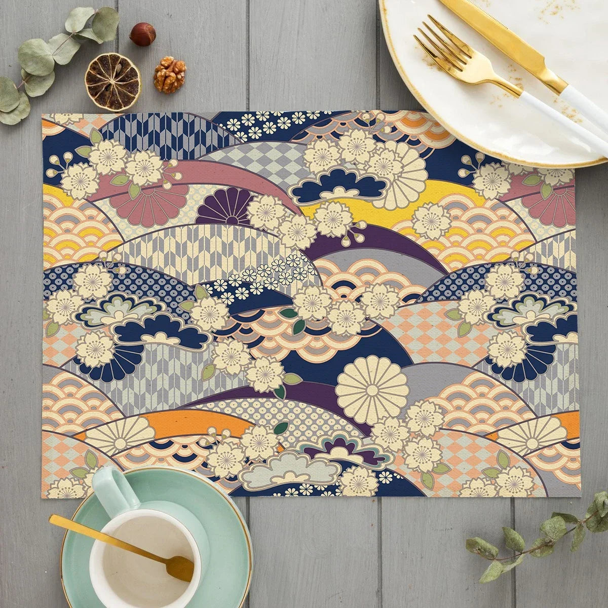 tapis table art japonais traditionnel fleurs motifs géométriques bleu vert rouge beige