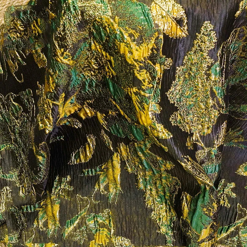 tissu brocart imprimé floral noir vert doré robe jupe coussin sac main polyester respectueux