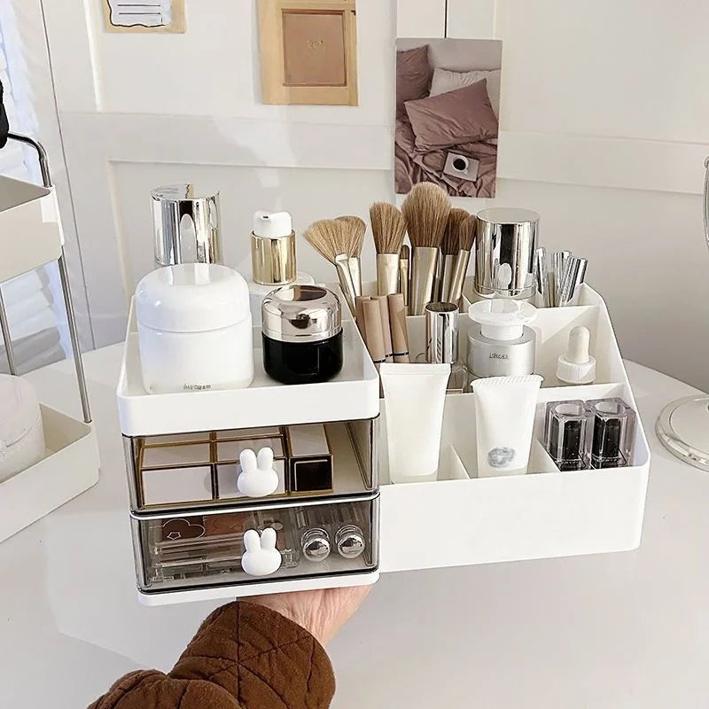 rangement cosmétique blanc minimaliste tiroirs pinceaux produits soins maquillage organisation boîte rangement