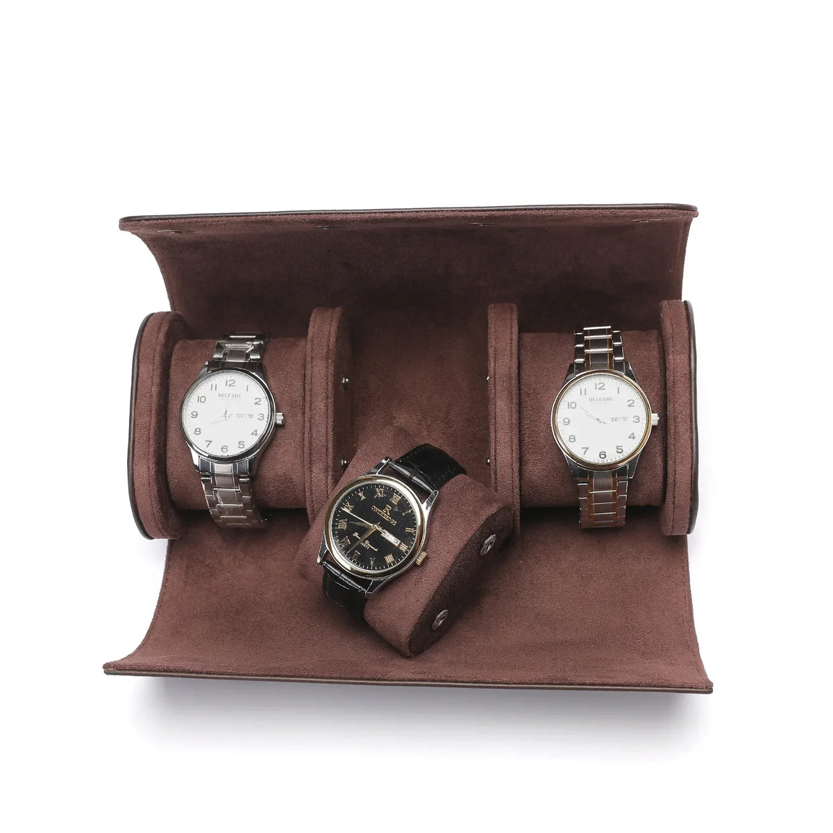 boîte rangement montres cuir velours marron clips métalliques places classique
