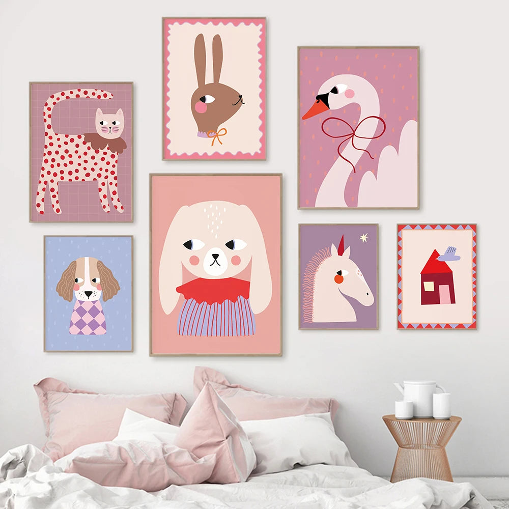 affiche toile animaux cartoon décoration chambre enfant cadre bois motif chat chien lapin rose