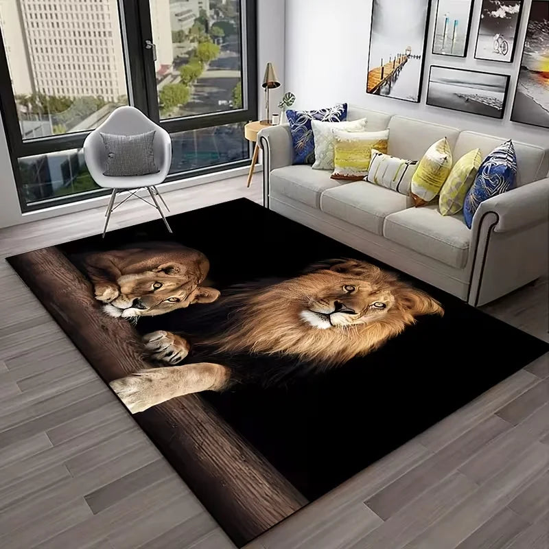 tapis moderne lions animaux salon chambre noir marron beige bleu polyester rectangle