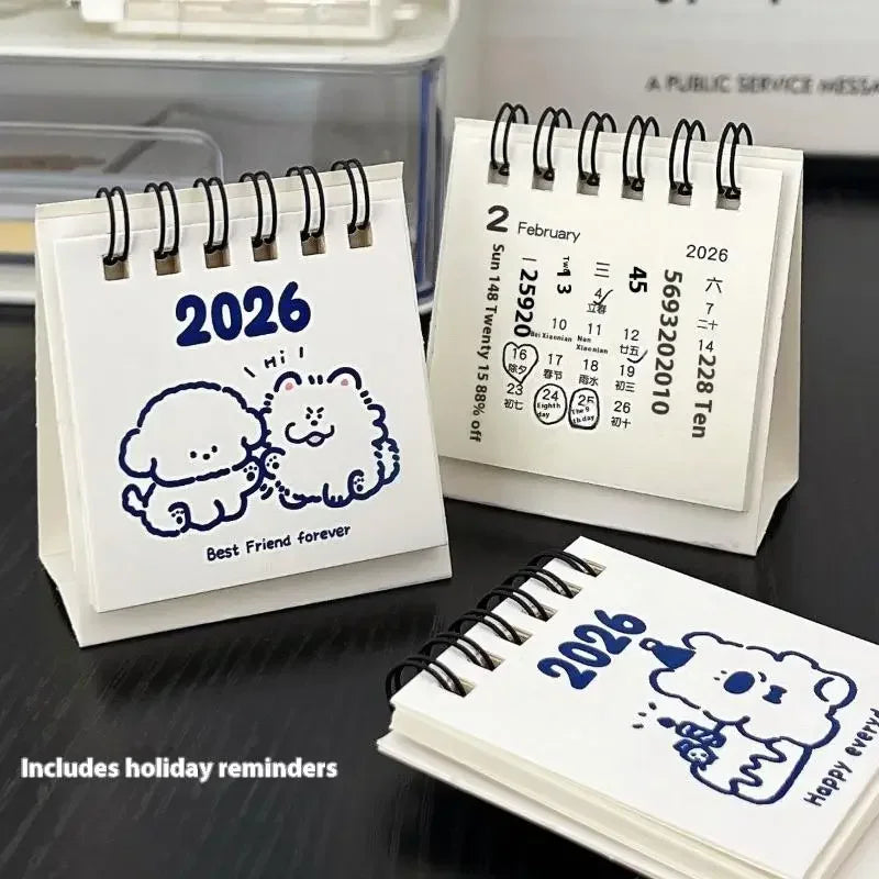 calendrier mini blanc bleu mignon dessins animés anneaux métalliques dates imprimées modernes minimalistes