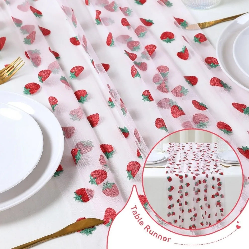nappe runner transparent rose fraises motifs floral mariage table decoration champetre