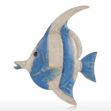 sculpture poisson métal bleu blanc jaune artisanal décoratif mur opacité
